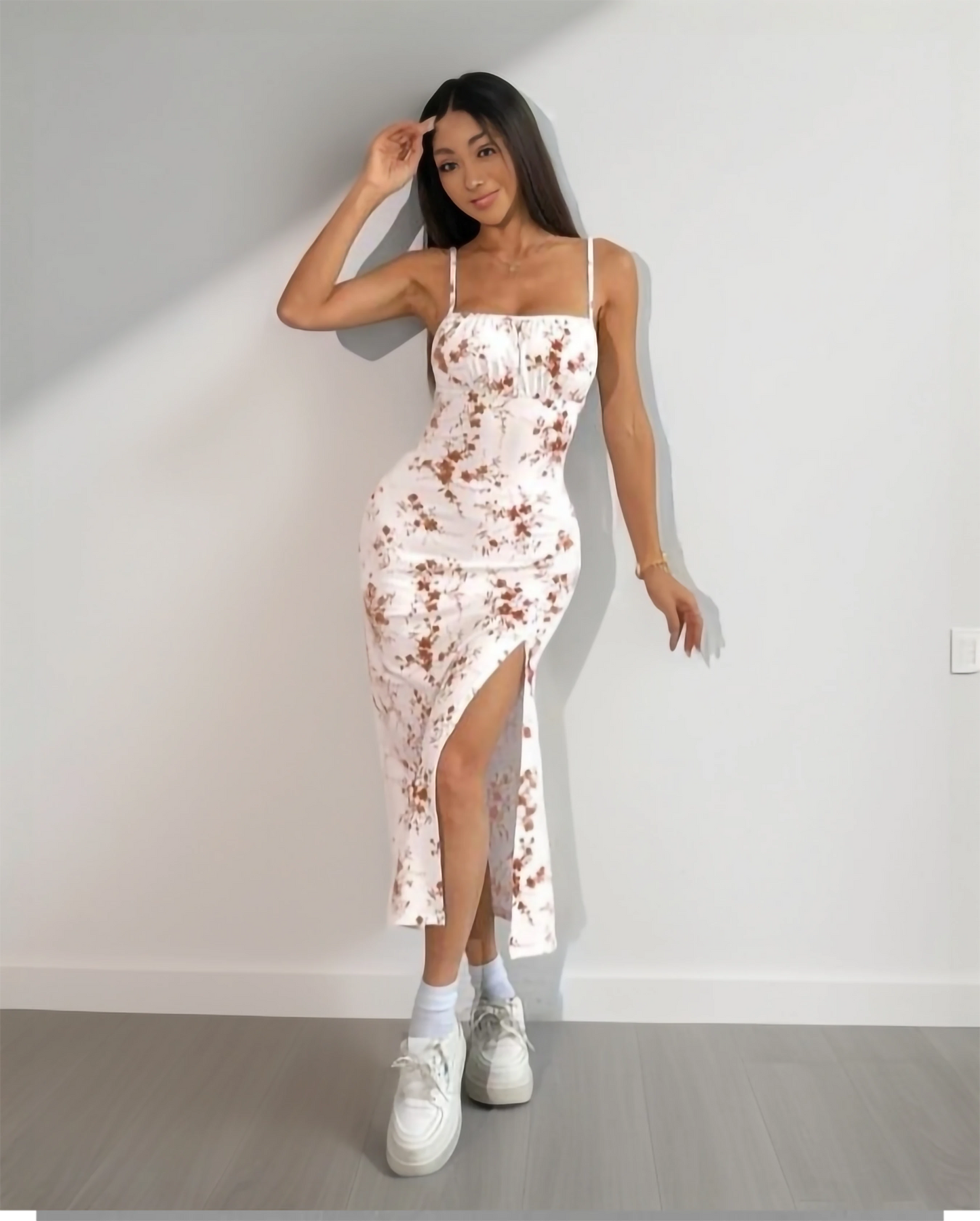 White & Brown Floral Spaghetti Strap Slit Midi Dress