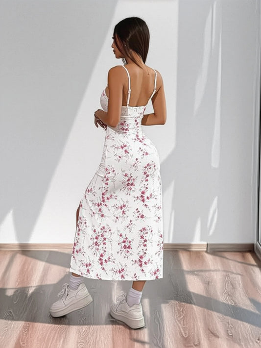 White & Pink Floral Spaghetti Strap Slit Midi Dress
