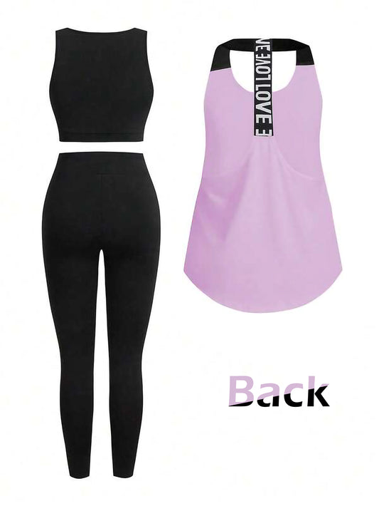 Light Purple Women’s 3-Piece Activewear Set – Racerback Tank, Crop Top & High-Waist Leggings