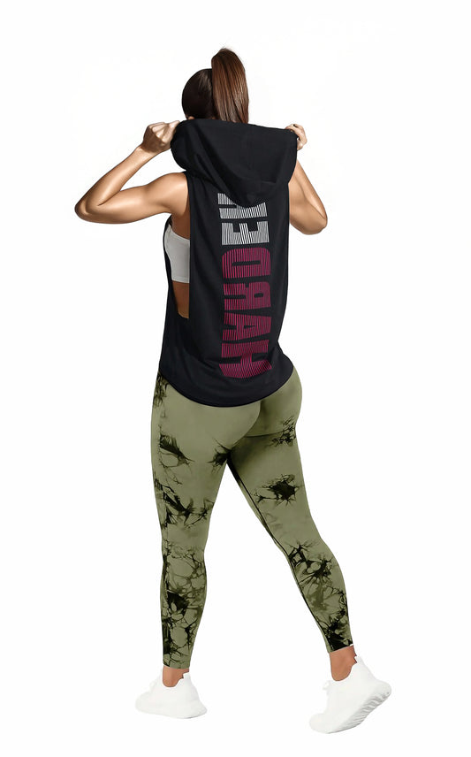 Black Women’s Sleeveless Workout Hoodie Tank with Print