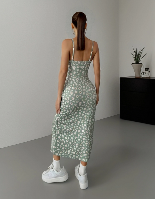 Olive Floral Spaghetti Strap Slit Midi Dress