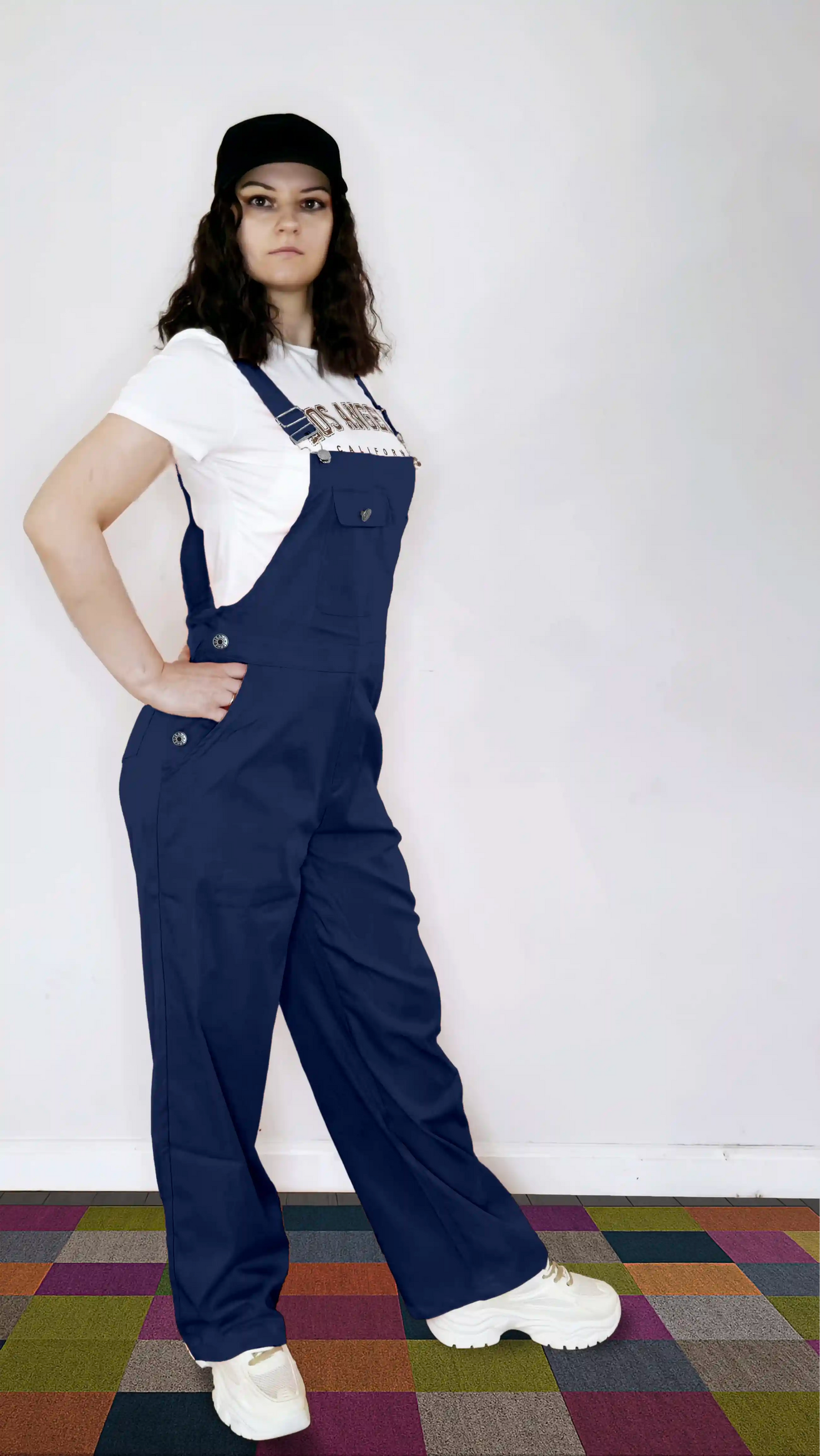 Navy Blue Women’s High-Waist Wide-Leg Overalls Jumpsuit