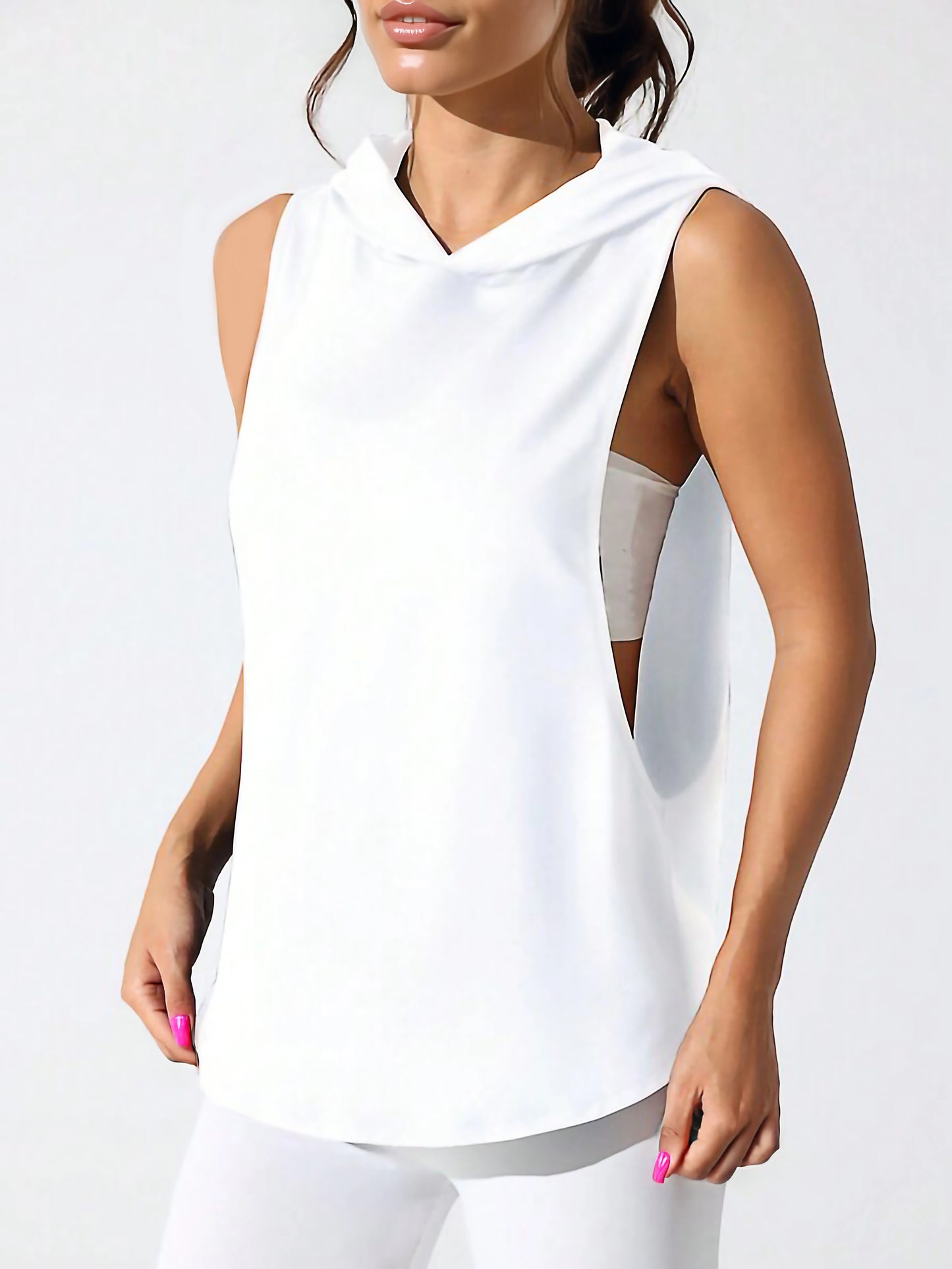 White Women’s Sleeveless Workout Hoodie Tank with Print