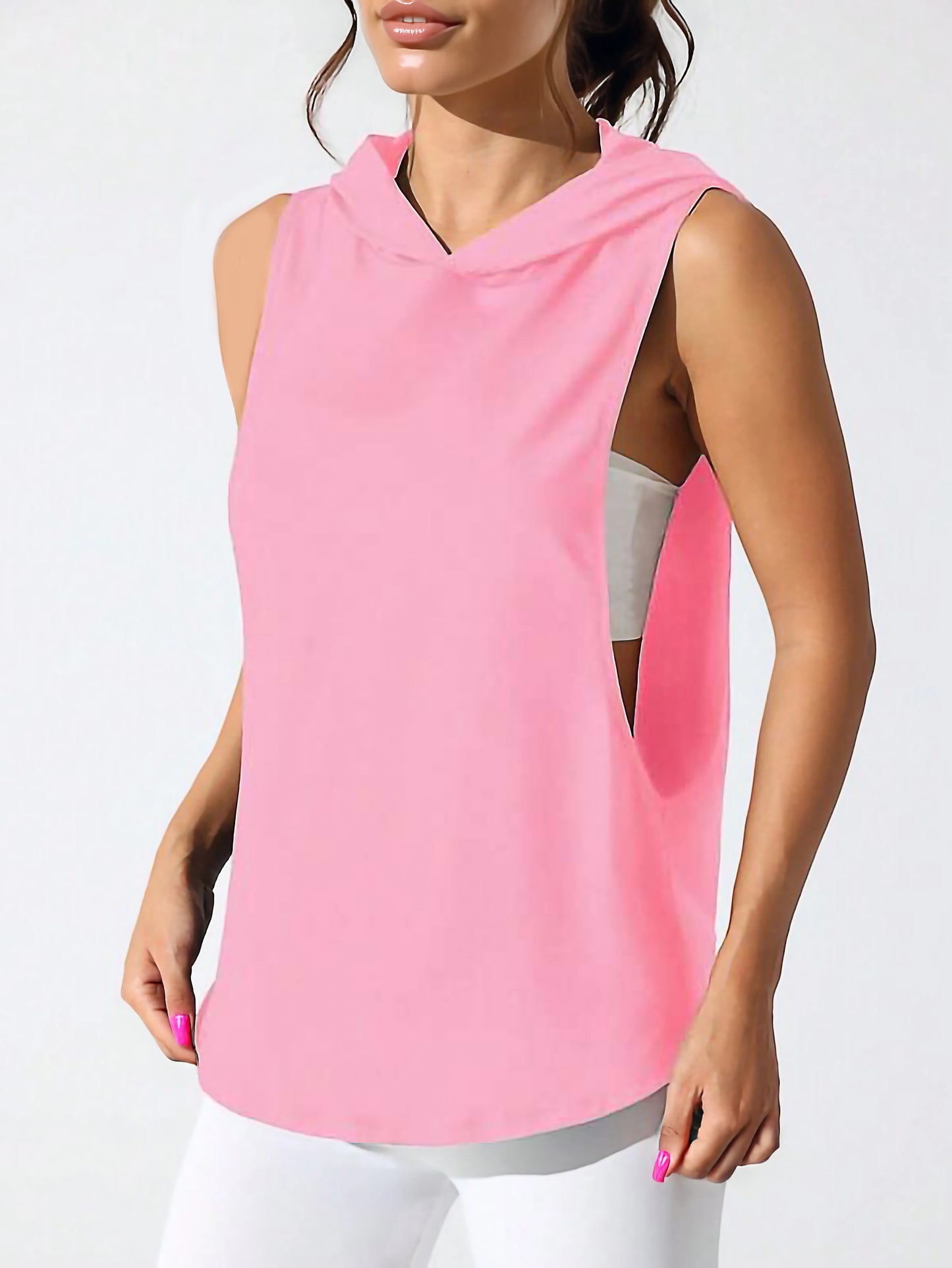 Pink Women’s Sleeveless Workout Hoodie Tank with Print