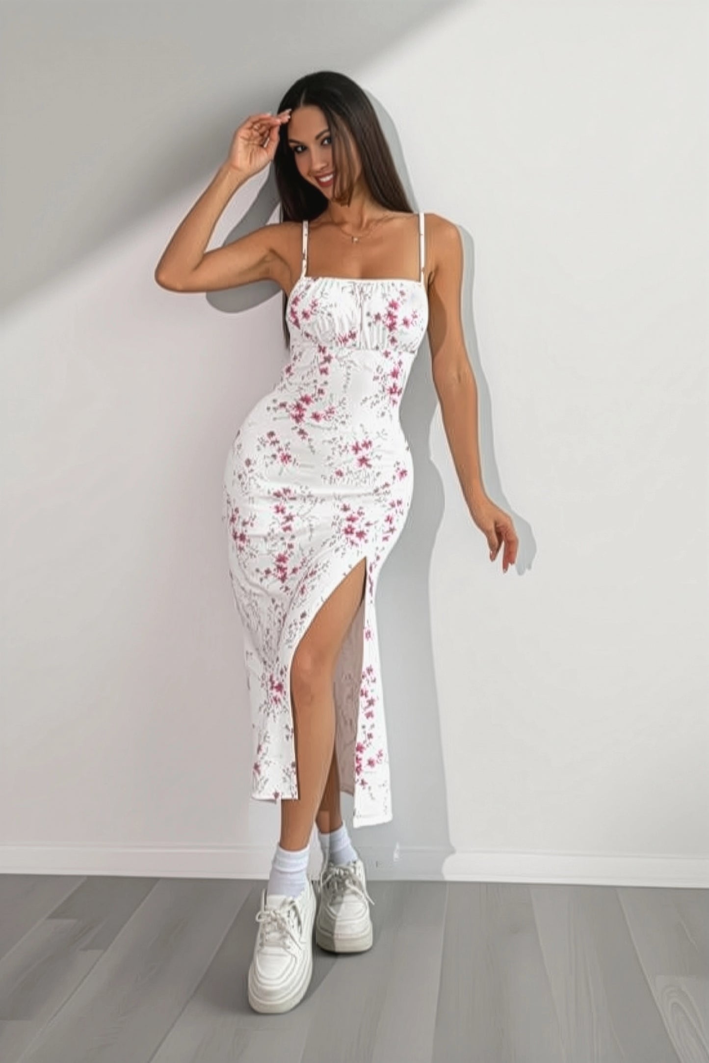 White & Pink Floral Spaghetti Strap Slit Midi Dress