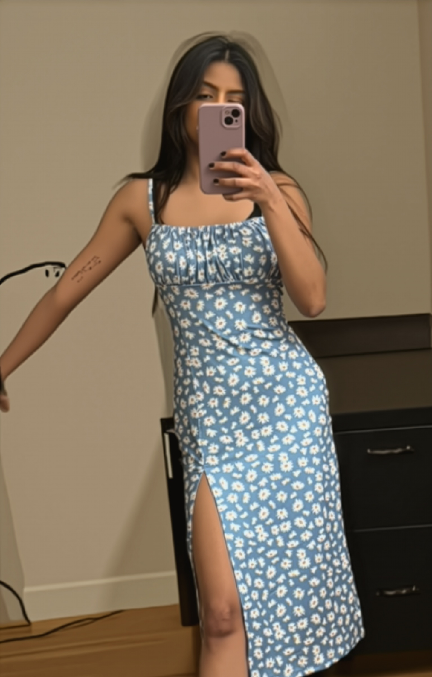 Dusty Blue Floral Spaghetti Strap Slit Midi Dress