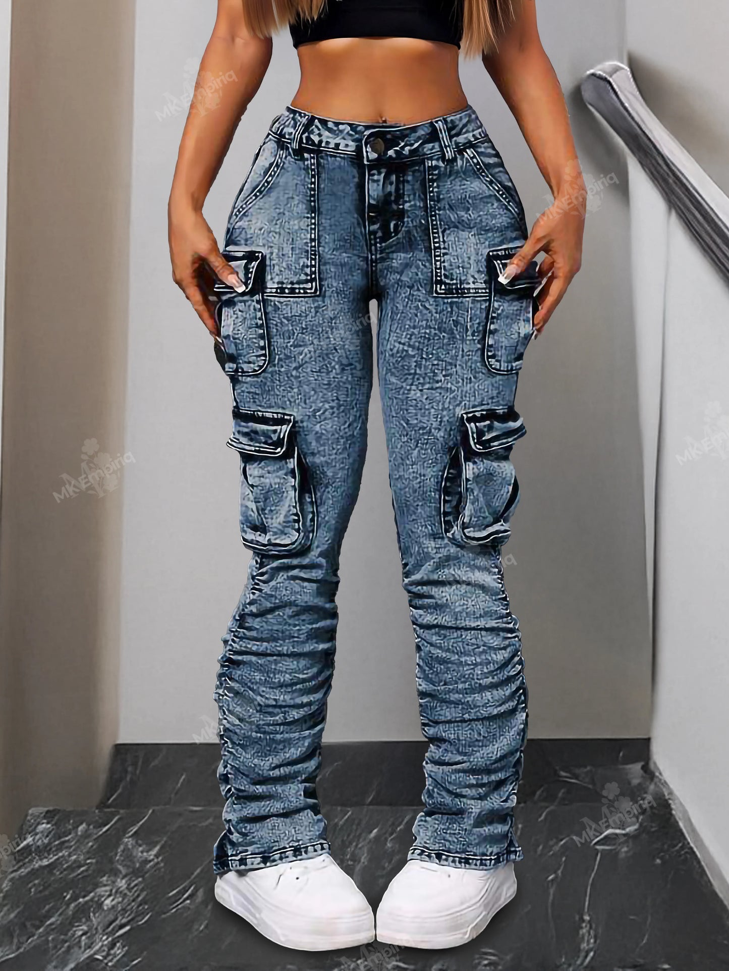 Medium Blue Women’s Cargo Skinny Jeans – High Waist Ruched Streetwear Denim with Pockets