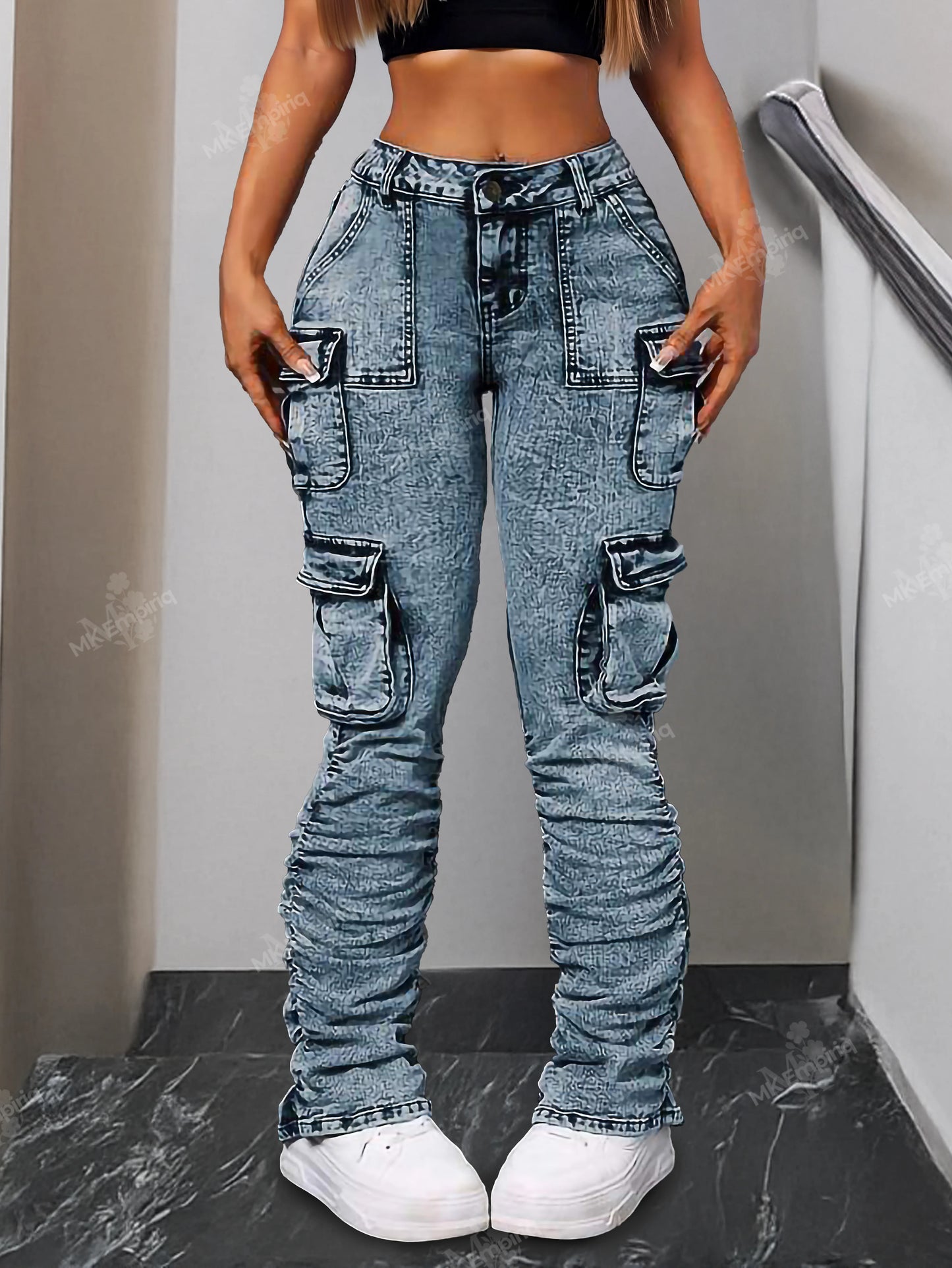 Light Blue Women’s Cargo Skinny Jeans – High Waist Ruched Streetwear Denim with Pockets