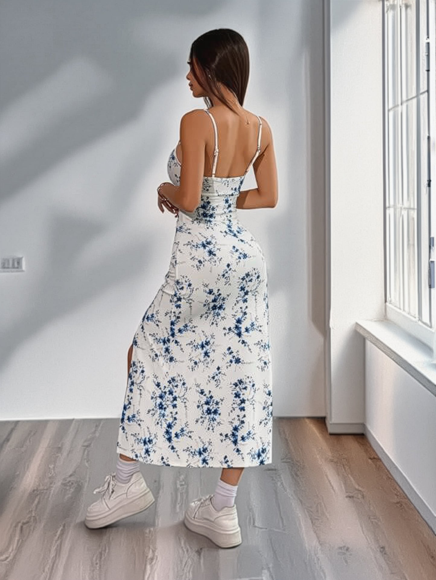White & Blue Floral Spaghetti Strap Slit Midi Dress