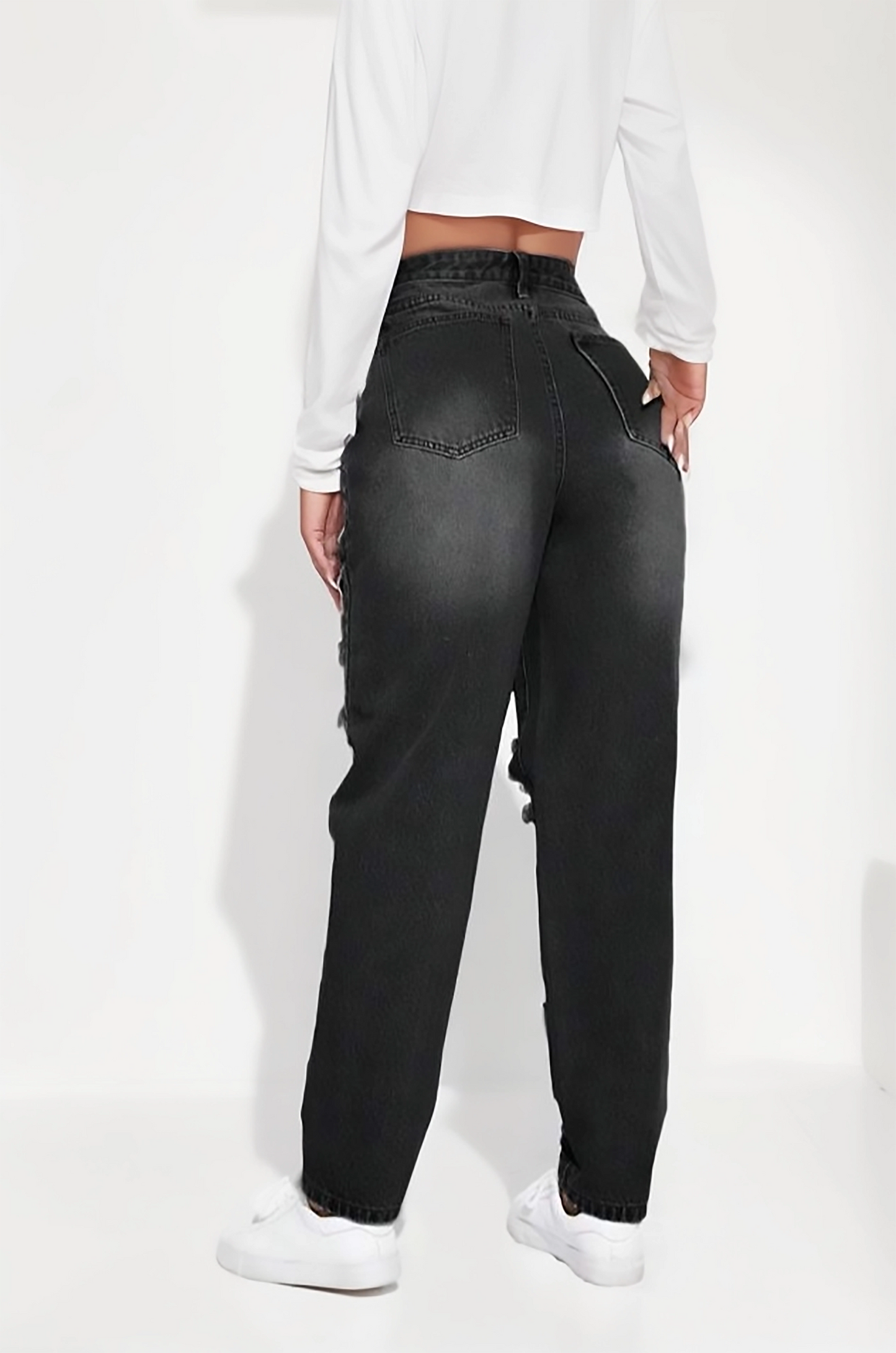 Black High-Waisted Ripped Distressed Boyfriend Jeans for Women
