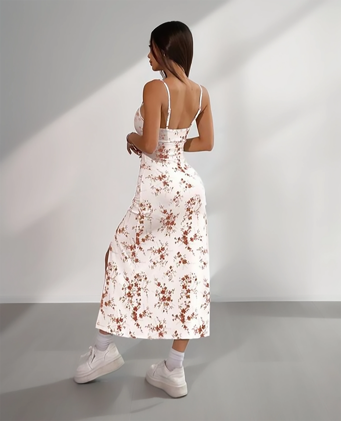 White & Brown Floral Spaghetti Strap Slit Midi Dress