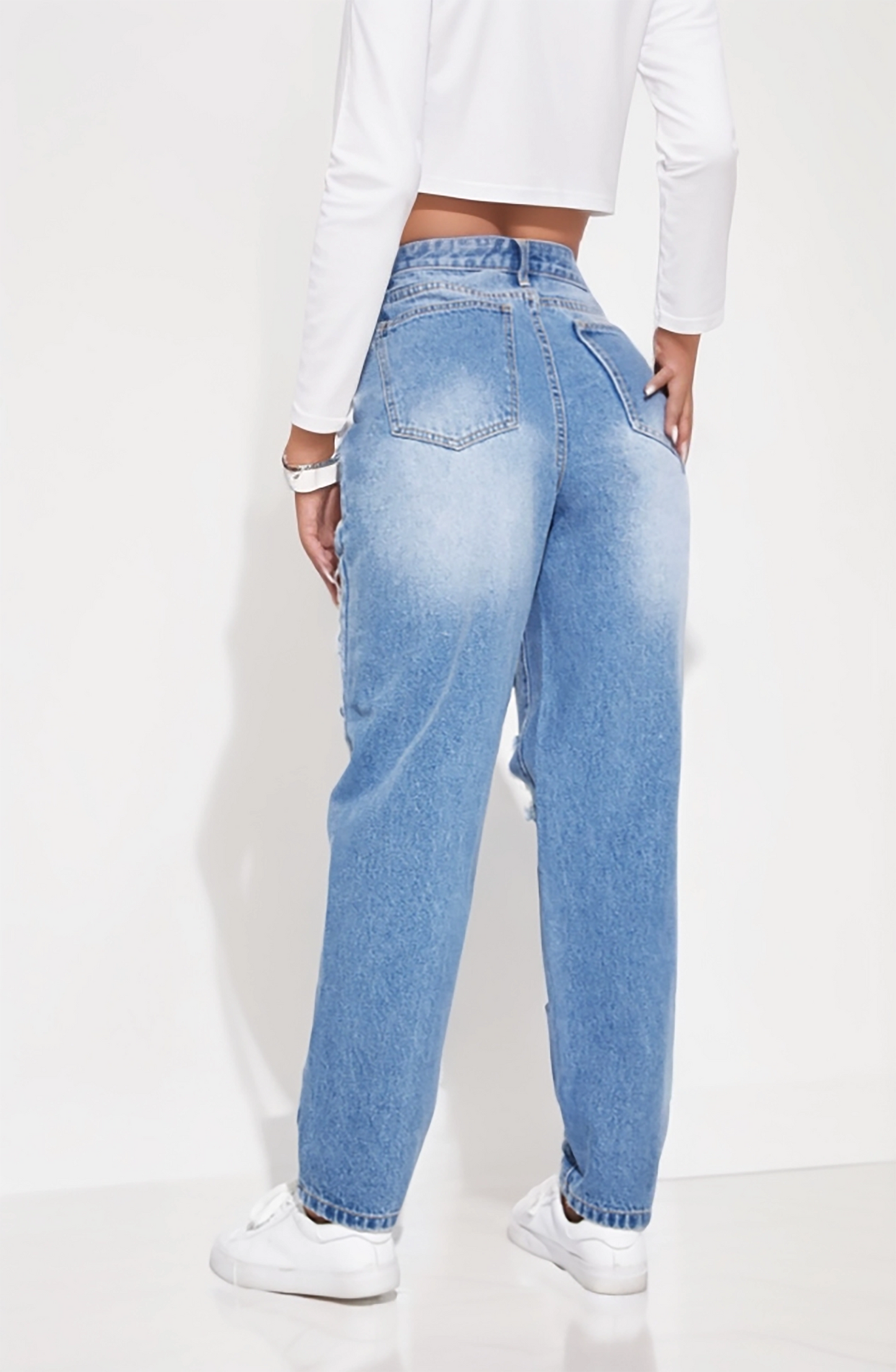 Light Blue High-Waisted Ripped Distressed Boyfriend Jeans for Women