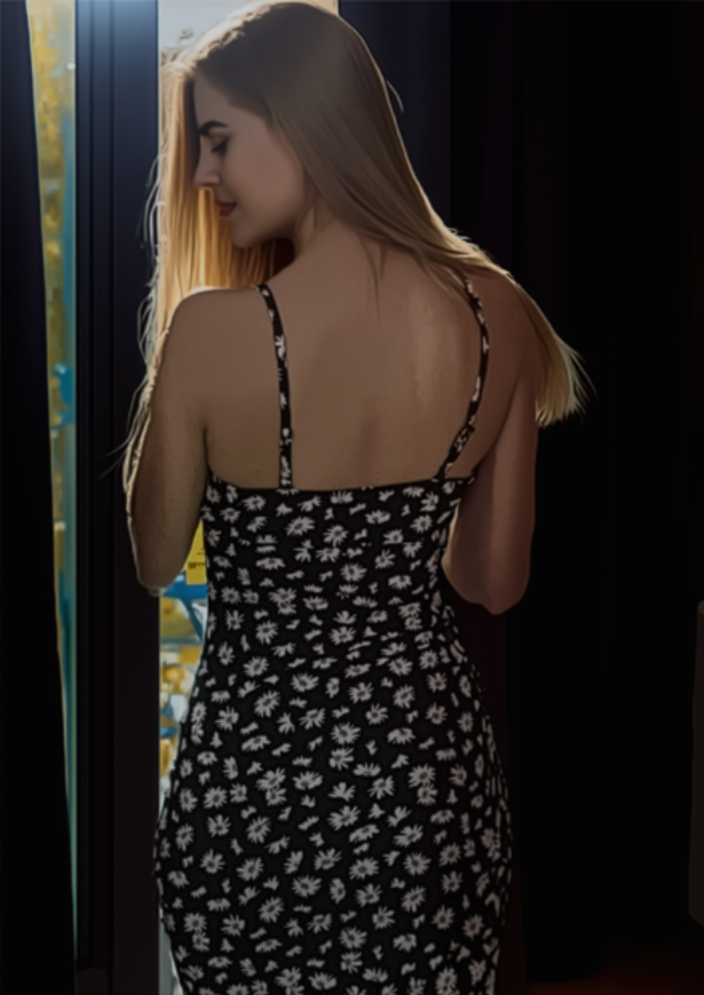 Black Daisy Floral Spaghetti Strap Slit Midi Dress