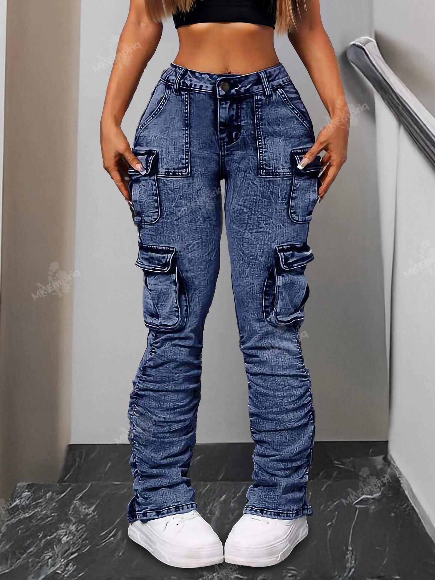 Blue Women’s Cargo Skinny Jeans – High Waist Ruched Streetwear Denim with Pockets