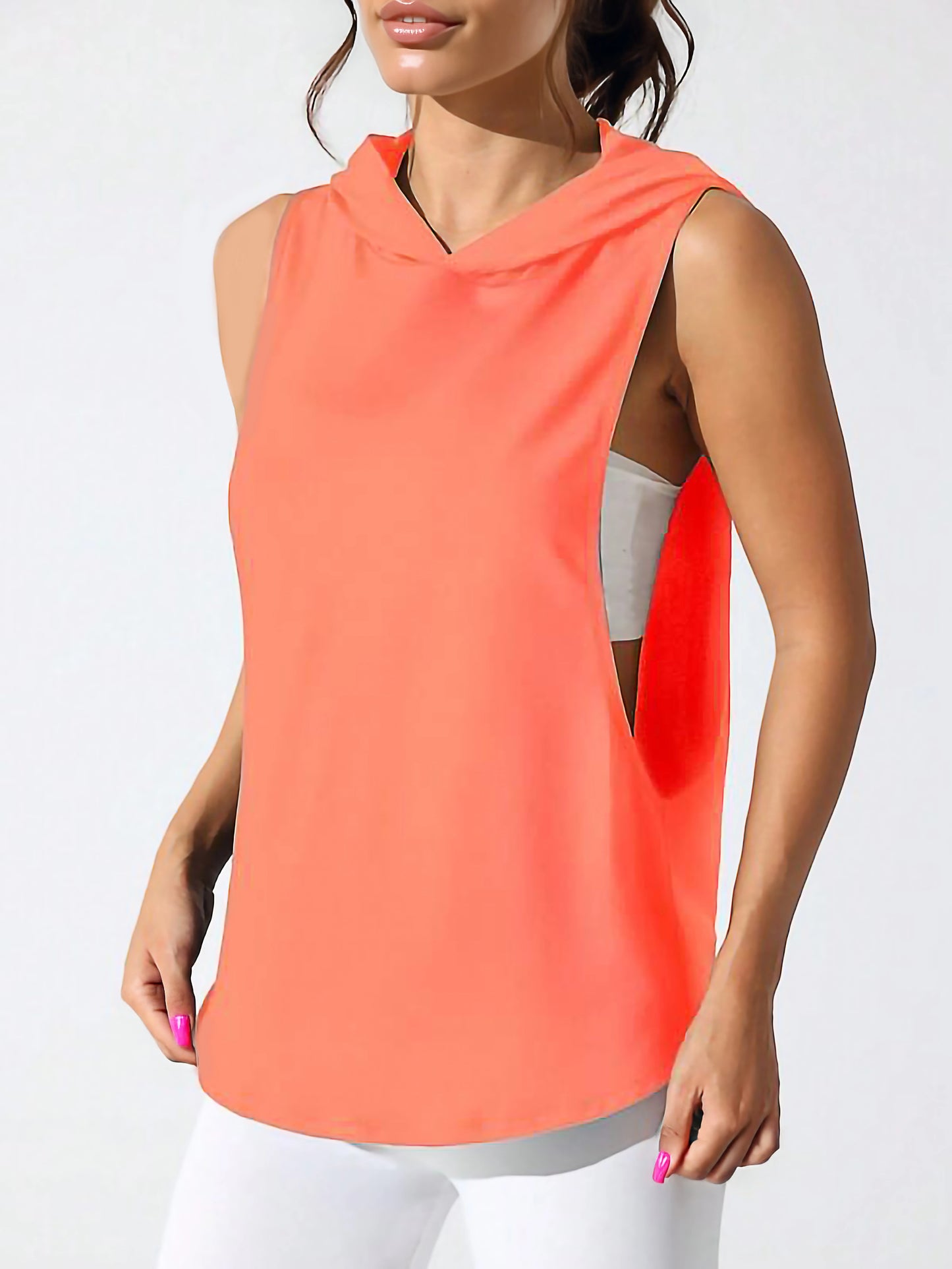 Orange Women’s Sleeveless Workout Hoodie Tank with Print