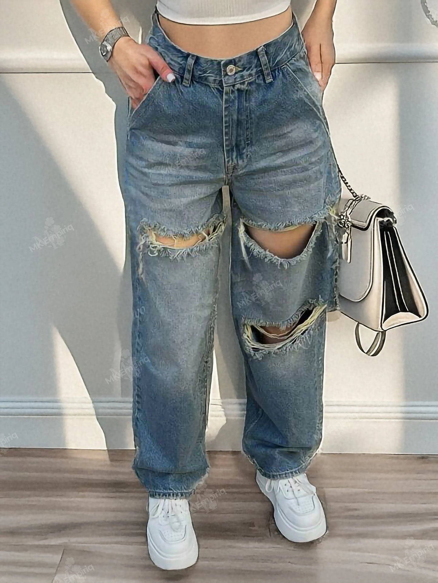 Blue Women's Baggy Ripped Straight-Leg Jeans – Mid Waist, Denim Streetwear