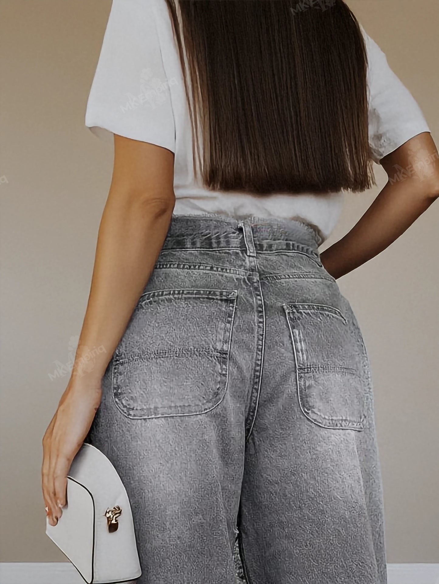 Grey Women's Baggy Ripped Straight-Leg Jeans – Mid Waist, Denim Streetwear