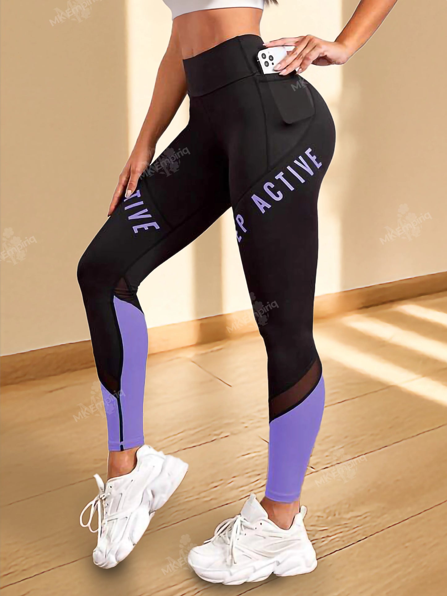 Black & Purple High-Waist Colorblock Mesh Leggings with Phone Pocket – Seamless Activewear