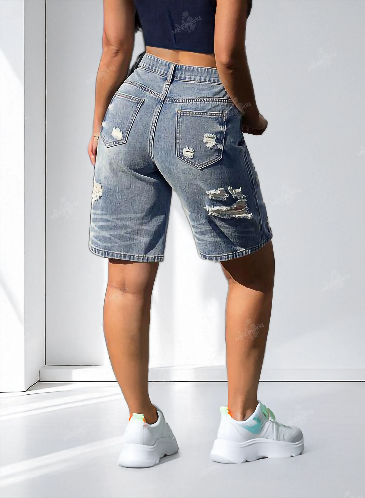 Blue Women’s Distressed Bermuda Petite Denim Shorts – Low Waist, Casual Streetwear