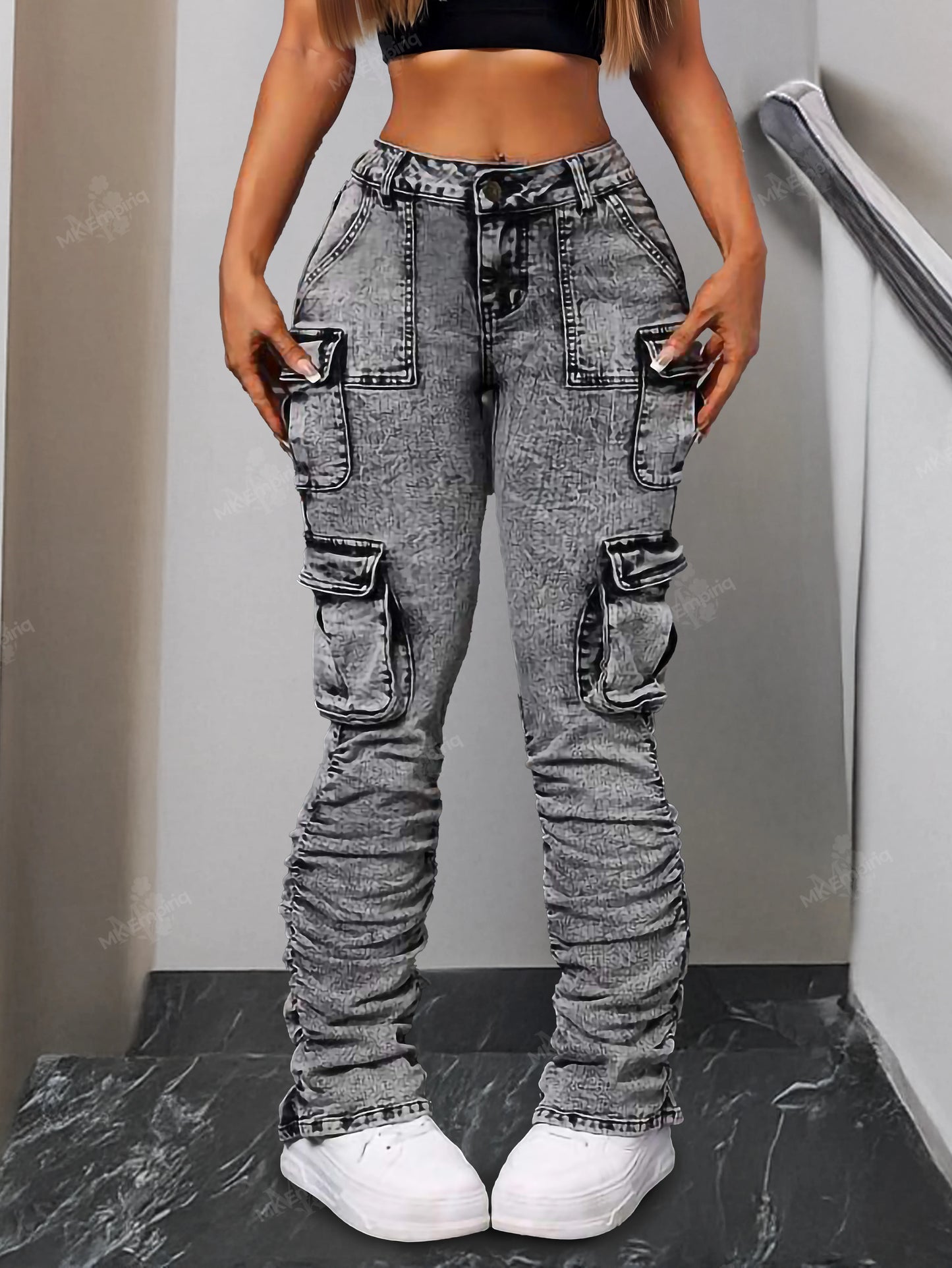 Grey Regular Women’s Cargo Skinny Jeans – High Waist Ruched Streetwear Denim with Pockets