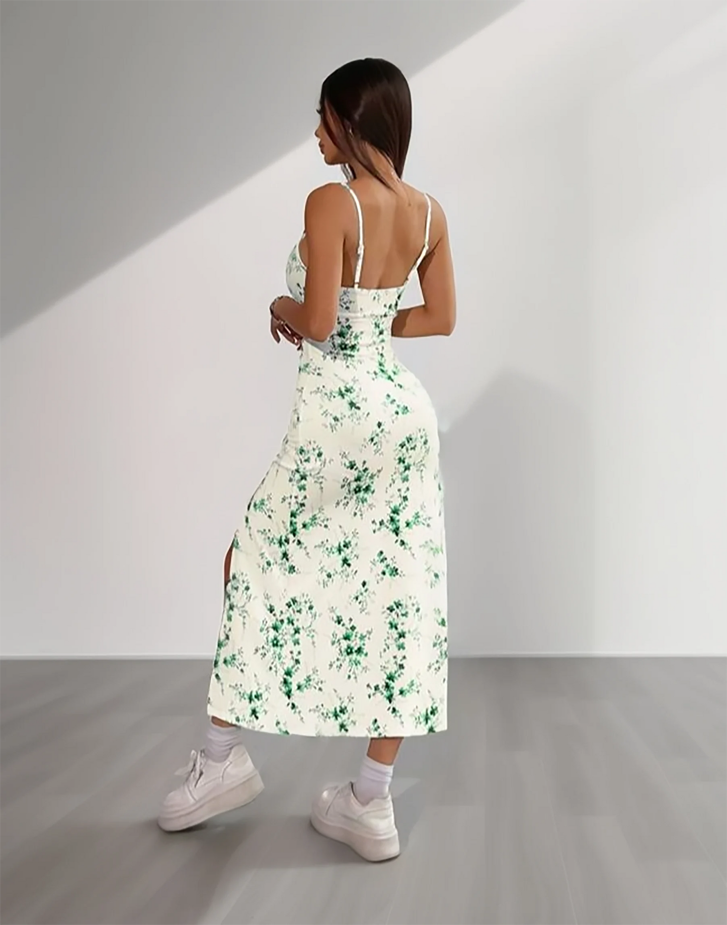 White & Green Floral Spaghetti Strap Slit Midi Dress