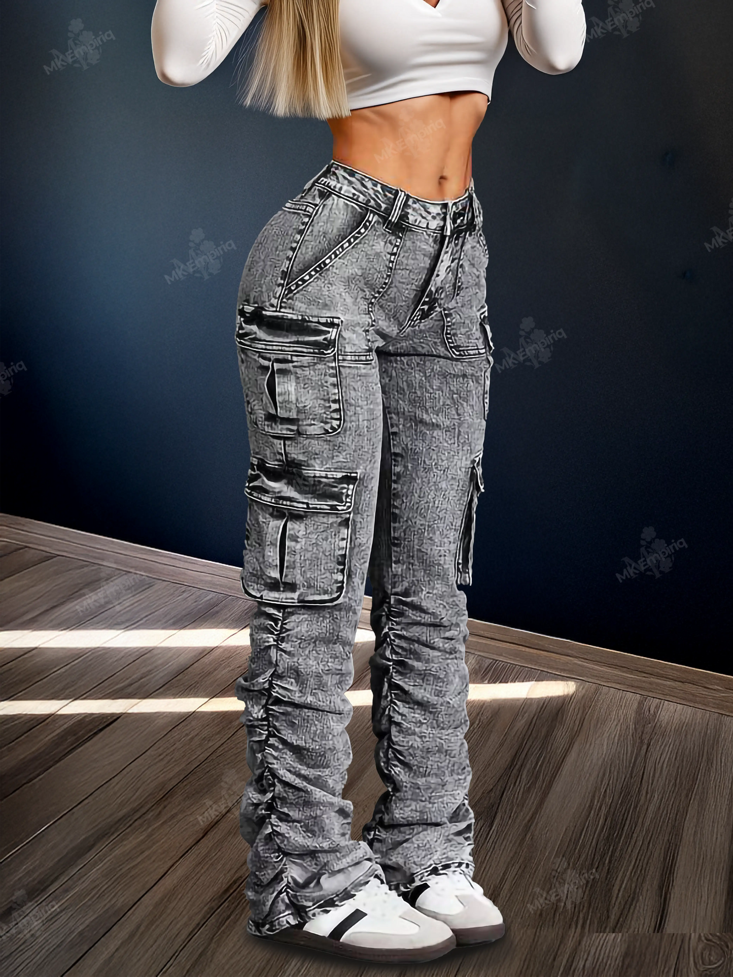 Grey Petite Women’s Cargo Skinny Jeans – High Waist Ruched Streetwear Denim with Pockets