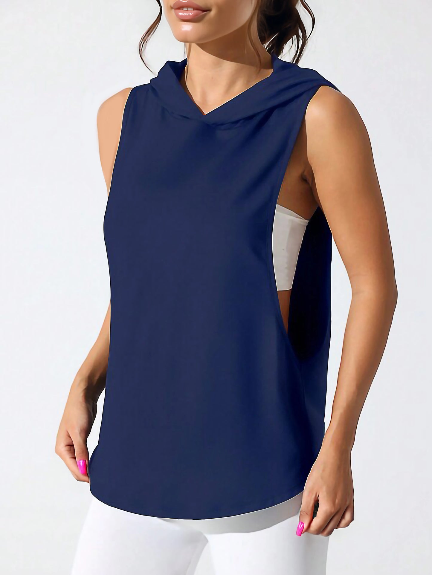 Navy Blue Women’s Sleeveless Workout Hoodie Tank with Print