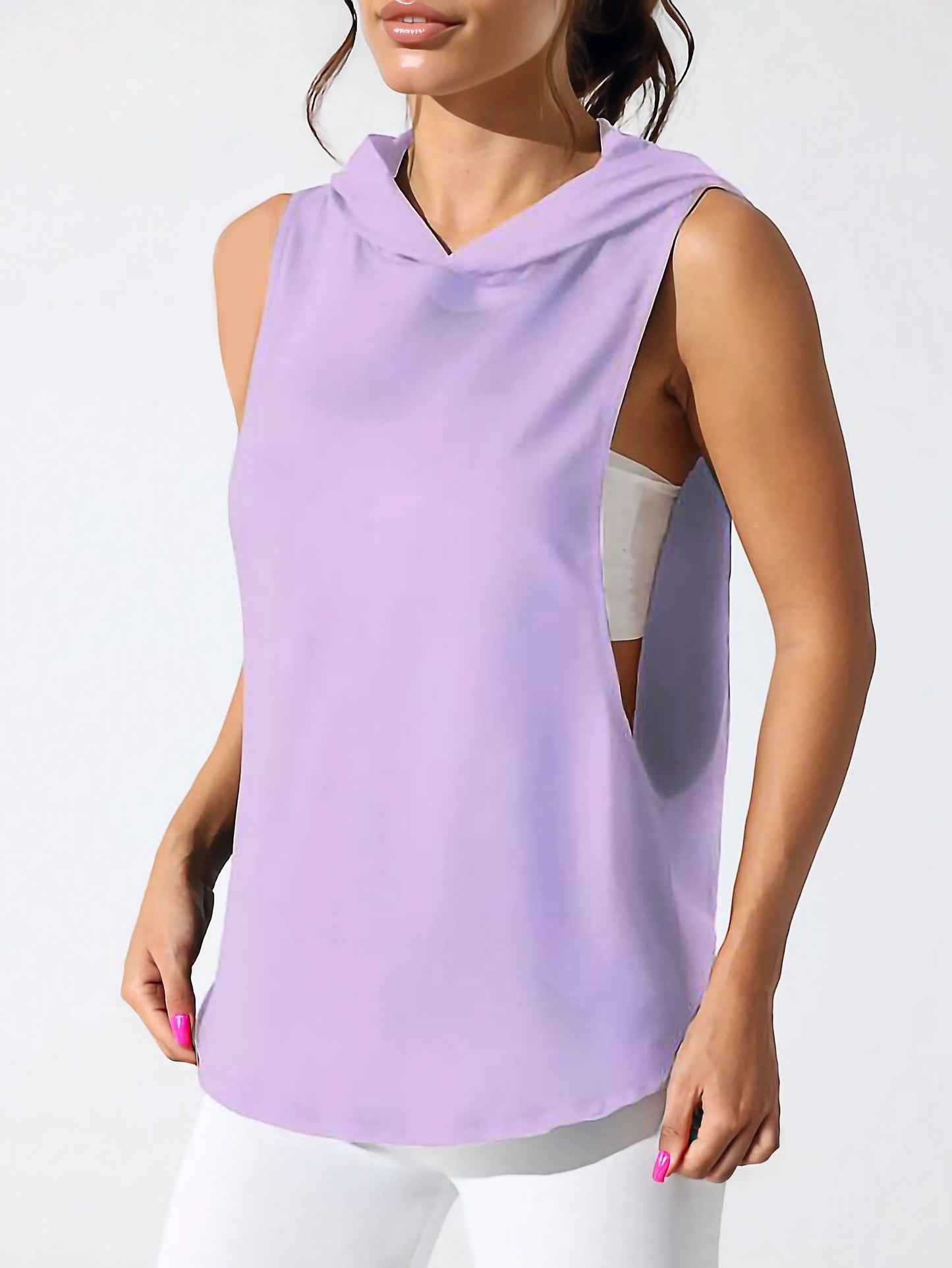 Purple Women’s Sleeveless Workout Hoodie Tank with Print