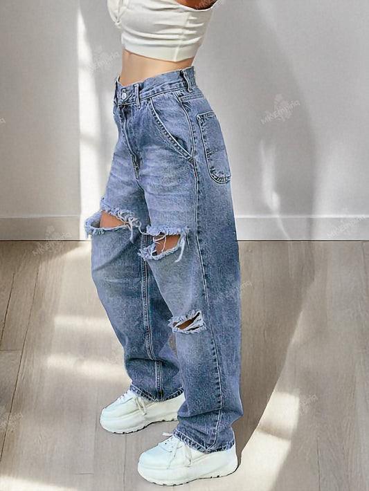 Light Blue Women's Baggy Ripped Straight-Leg Jeans – Mid Waist, Denim Streetwear