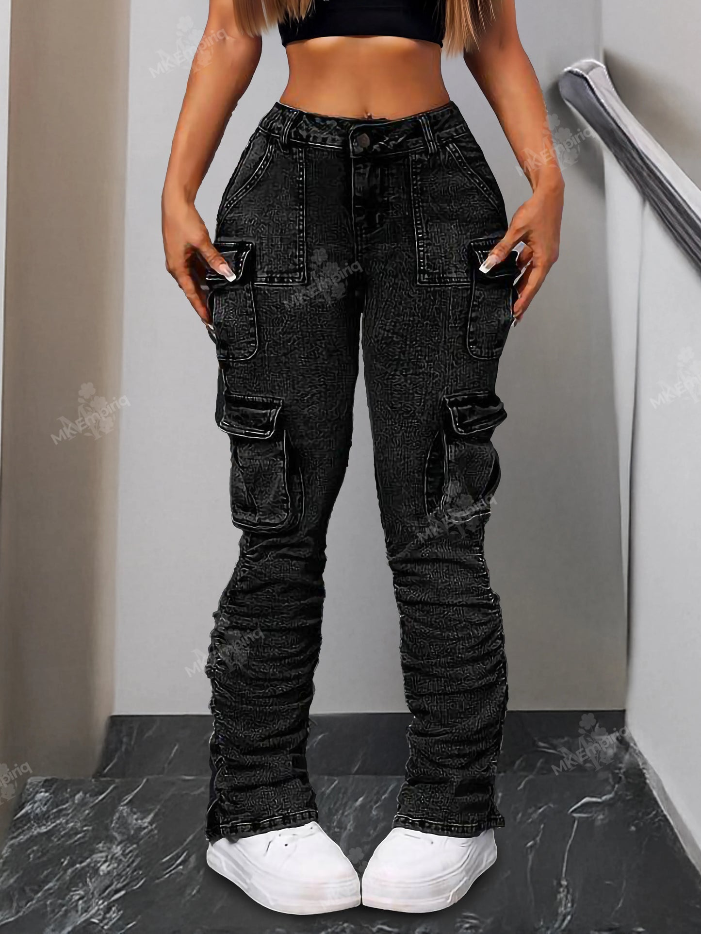 Black Women’s Cargo Skinny Jeans – High Waist Ruched Streetwear Denim with Pockets