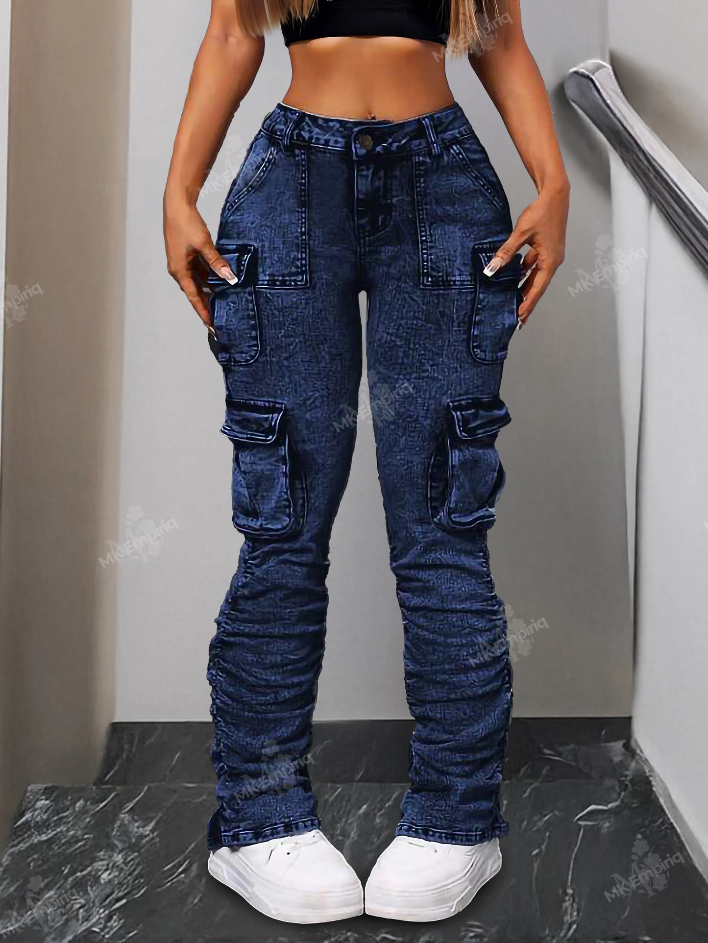 Navy Blue Women’s Cargo Skinny Jeans – High Waist Ruched Streetwear Denim with Pockets