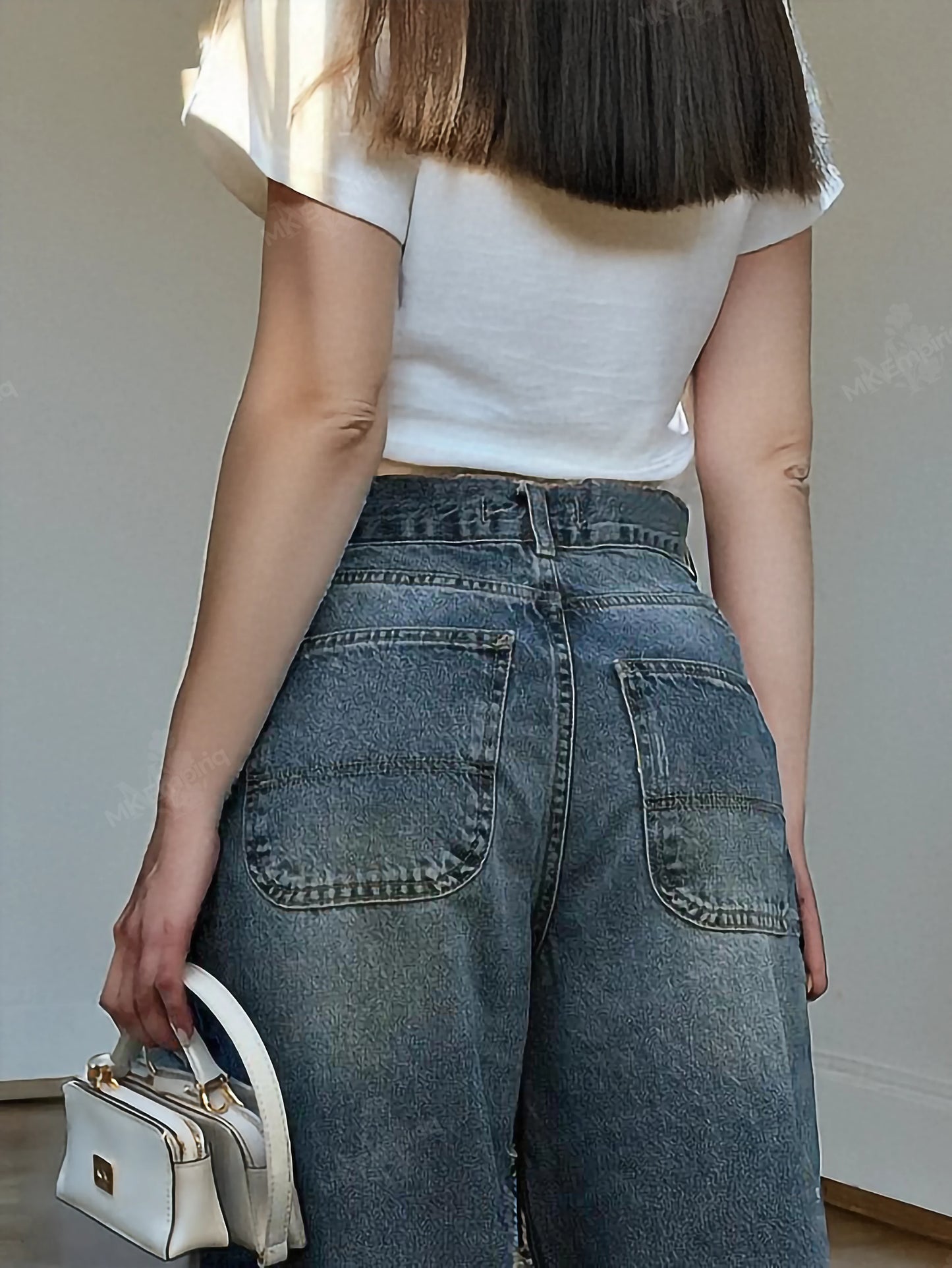 Blue Women's Baggy Ripped Straight-Leg Jeans – Mid Waist, Denim Streetwear