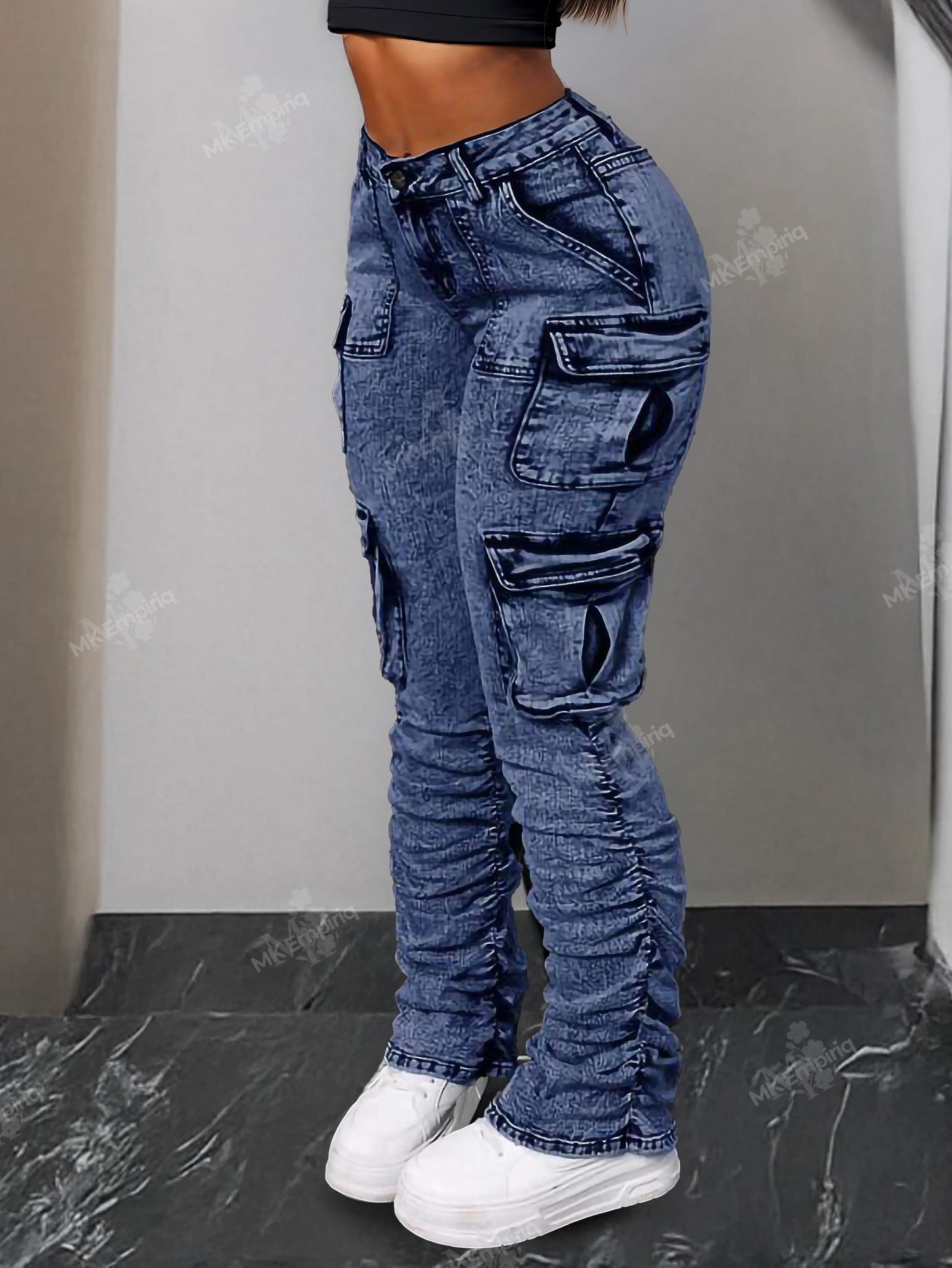 Blue Women’s Cargo Skinny Jeans – High Waist Ruched Streetwear Denim with Pockets