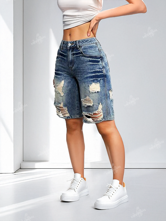 Blue Women’s Distressed Bermuda Denim Shorts – Low Waist, Casual Streetwear