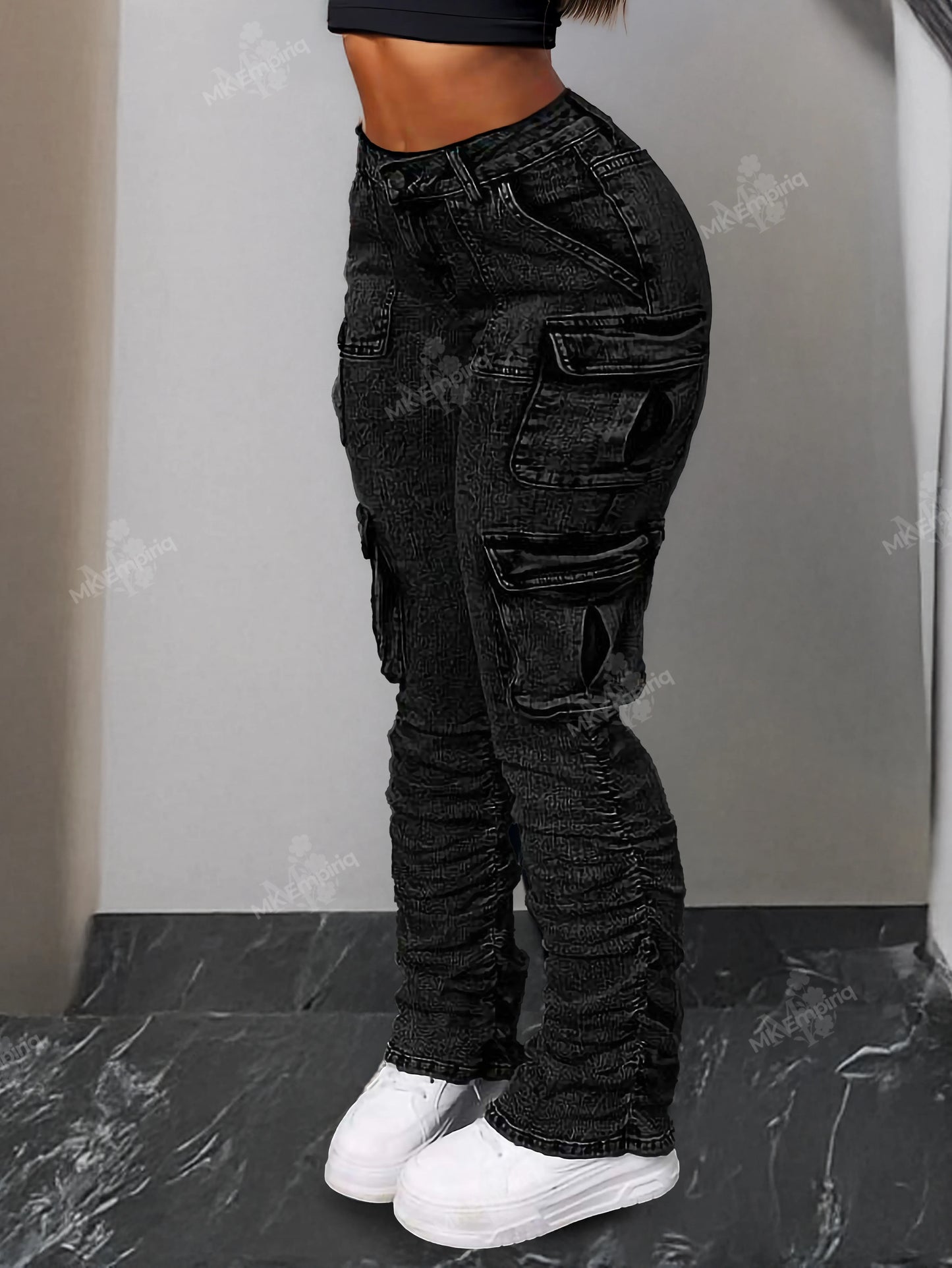 Black Women’s Cargo Skinny Jeans – High Waist Ruched Streetwear Denim with Pockets