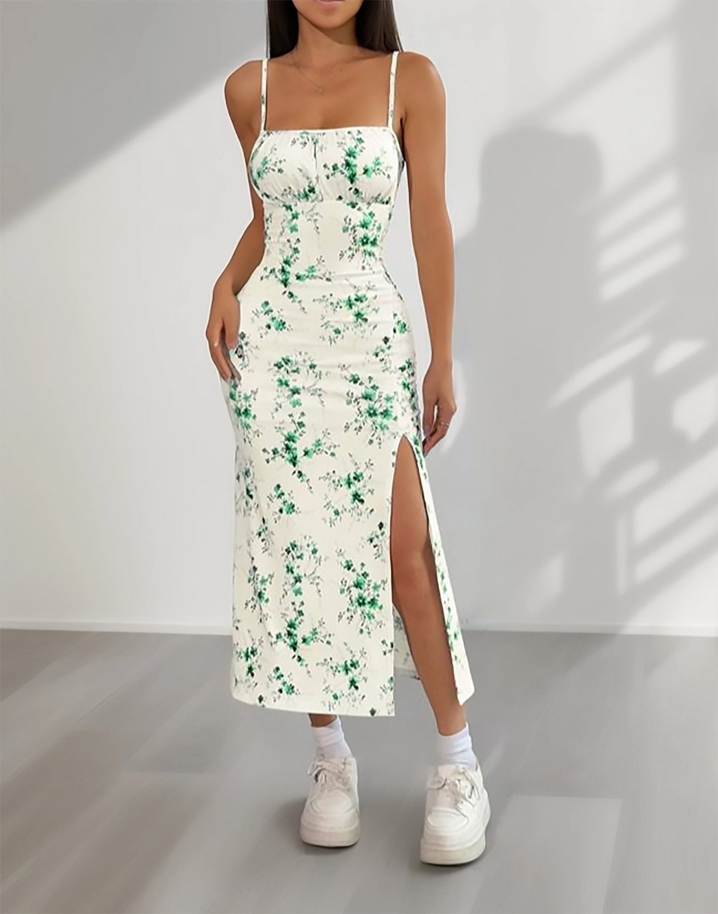White & Green Floral Spaghetti Strap Slit Midi Dress