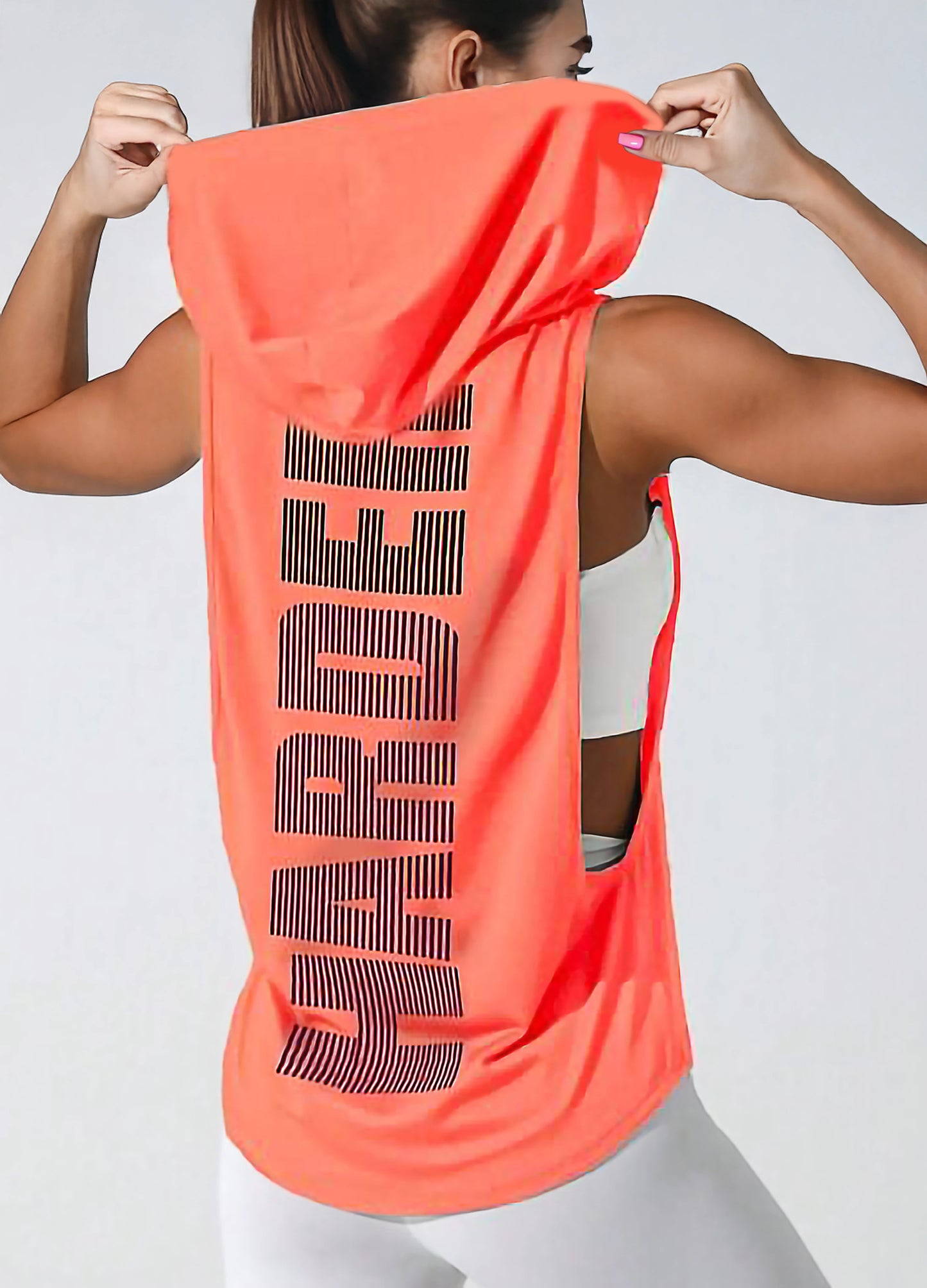 Orange Women’s Sleeveless Workout Hoodie Tank with Print