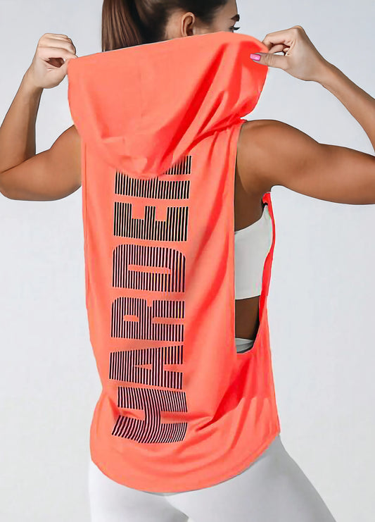 Orange Women’s Sleeveless Workout Hoodie Tank with Print