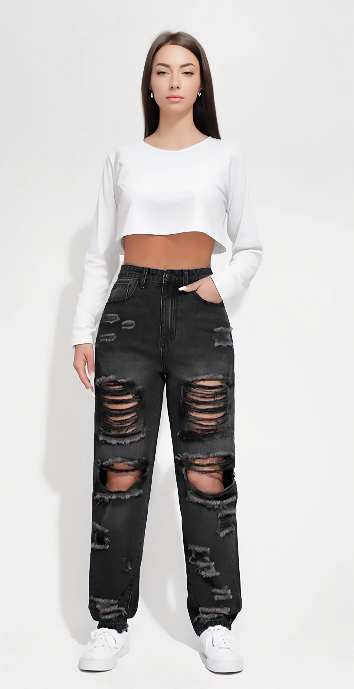 Black High-Waisted Ripped Distressed Boyfriend Jeans for Women