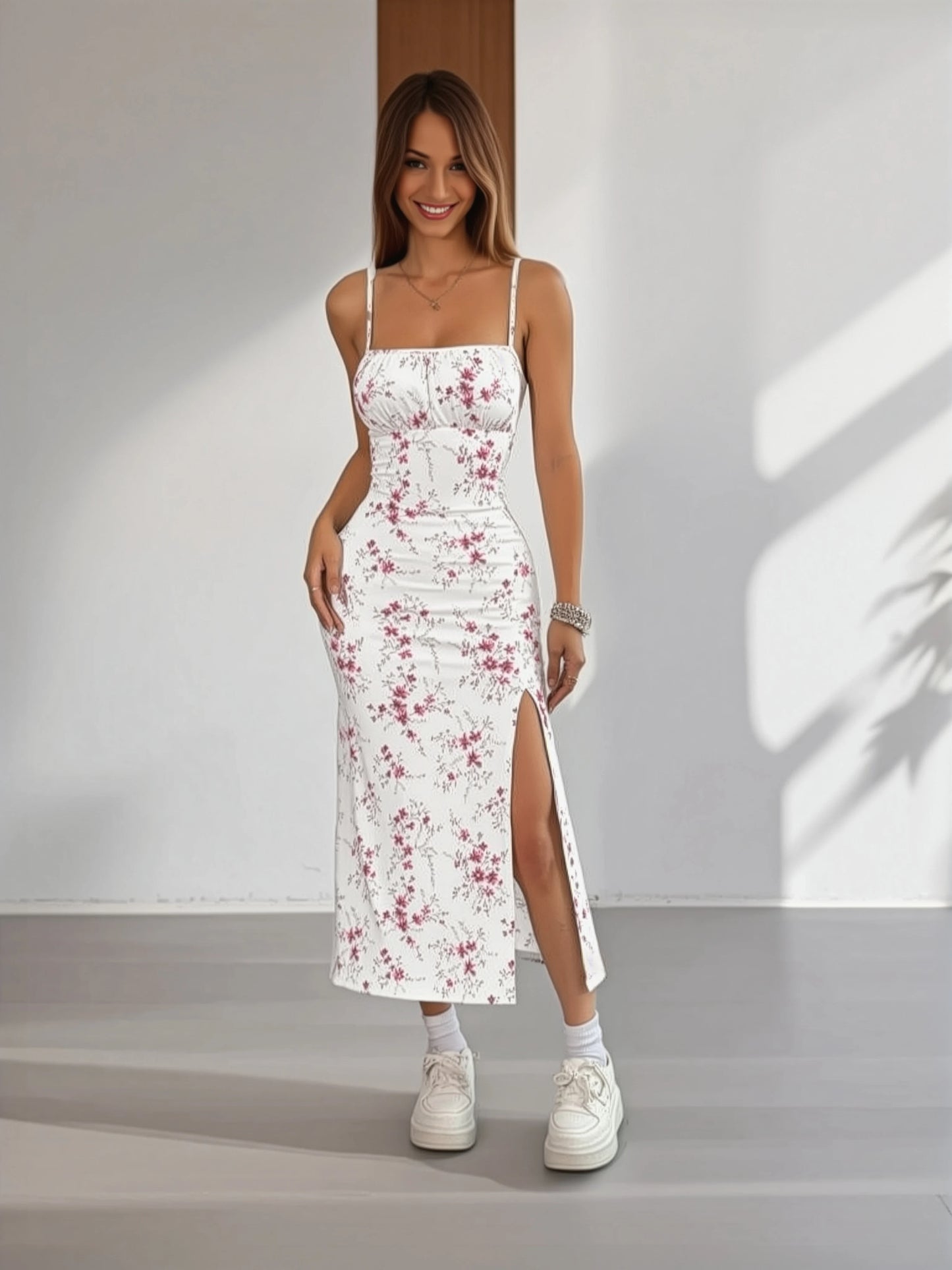 White & Pink Floral Spaghetti Strap Slit Midi Dress