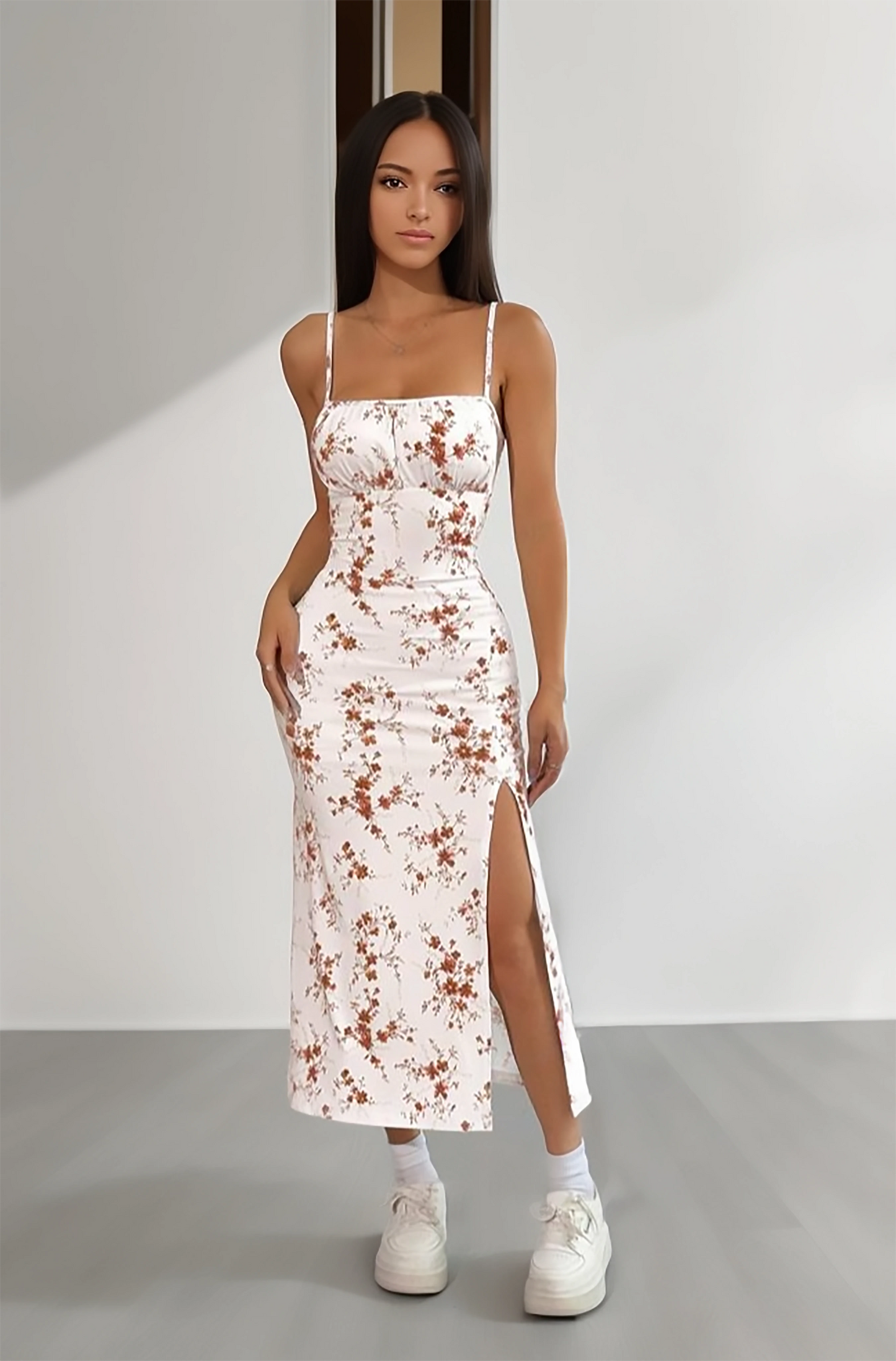 White & Brown Floral Spaghetti Strap Slit Midi Dress