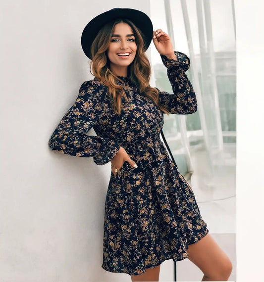 Boho Flare Dress with Floral Print & Shirred Waist