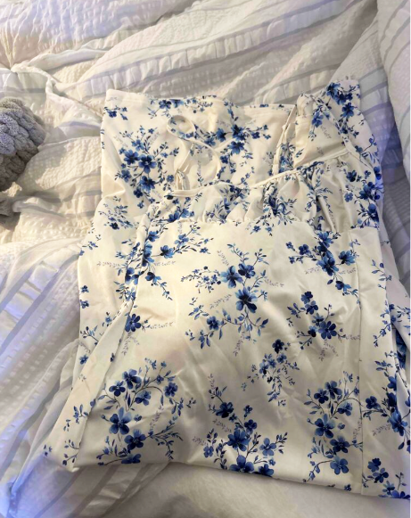 White & Blue Floral Spaghetti Strap Slit Midi Dress