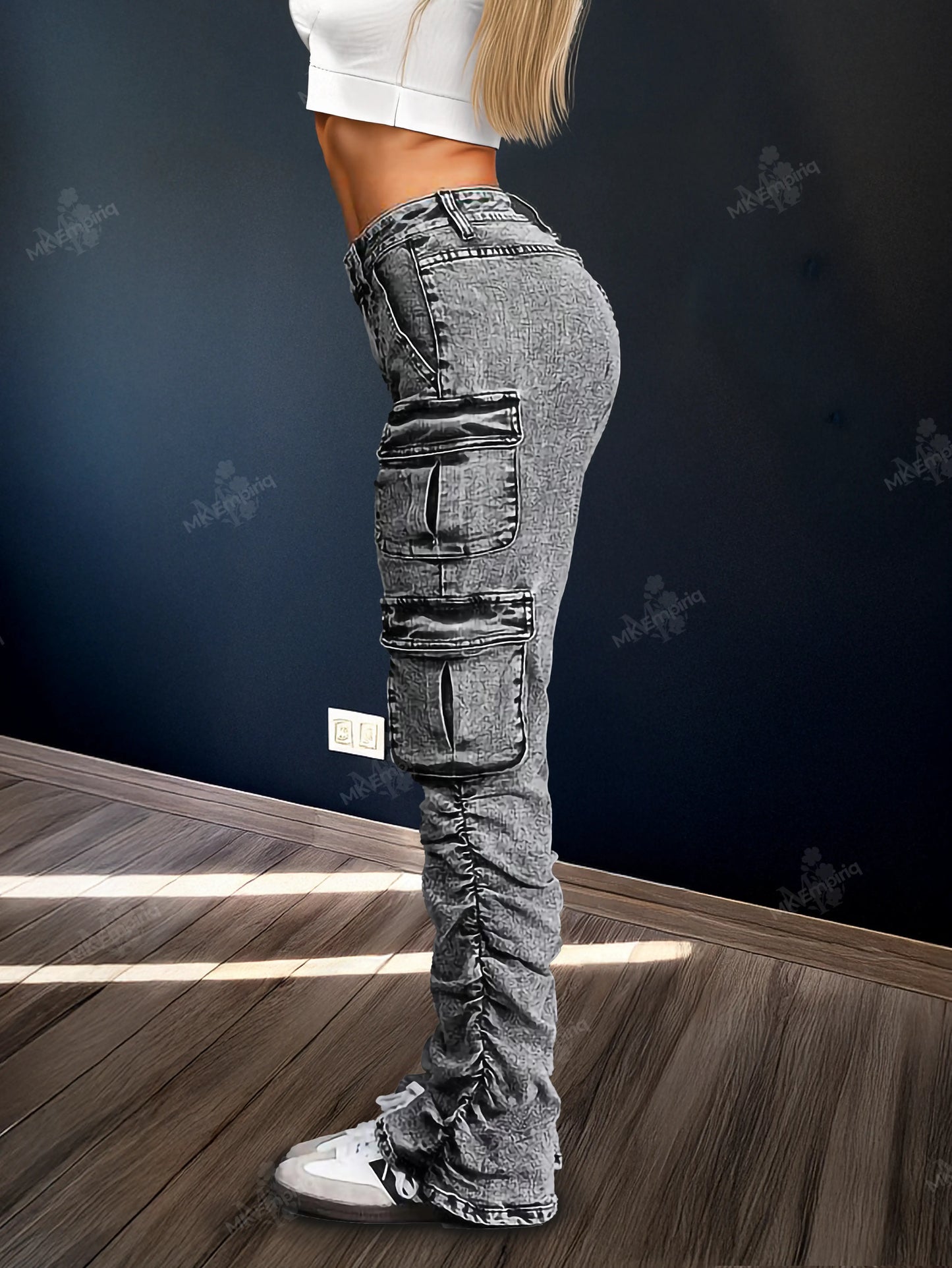 Grey Petite Women’s Cargo Skinny Jeans – High Waist Ruched Streetwear Denim with Pockets