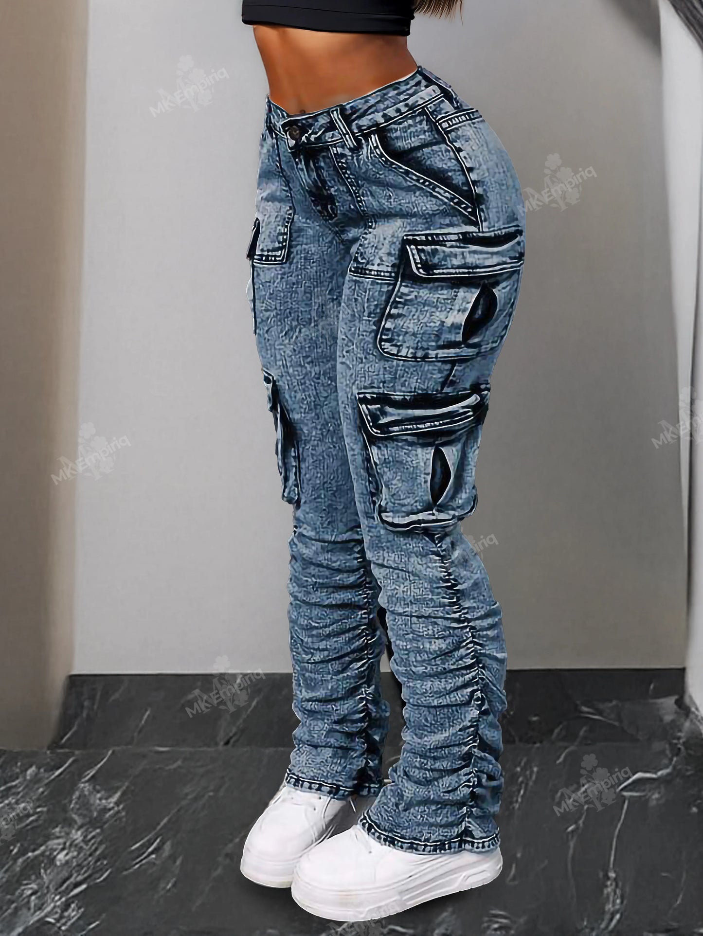 Medium Blue Women’s Cargo Skinny Jeans – High Waist Ruched Streetwear Denim with Pockets