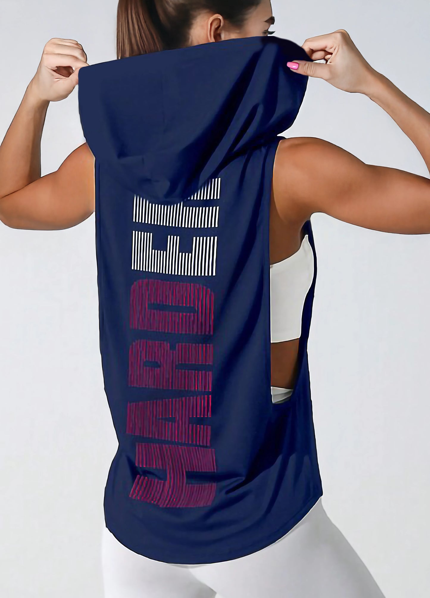 Navy Blue Women’s Sleeveless Workout Hoodie Tank with Print