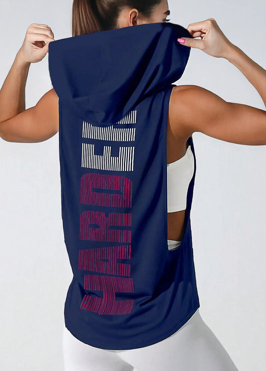 Navy Blue Women’s Sleeveless Workout Hoodie Tank with Print