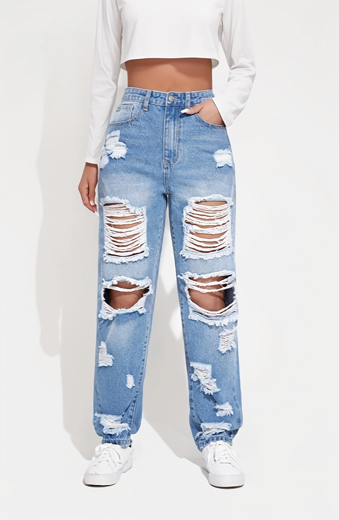 Light Blue High-Waisted Ripped Distressed Boyfriend Jeans for Women