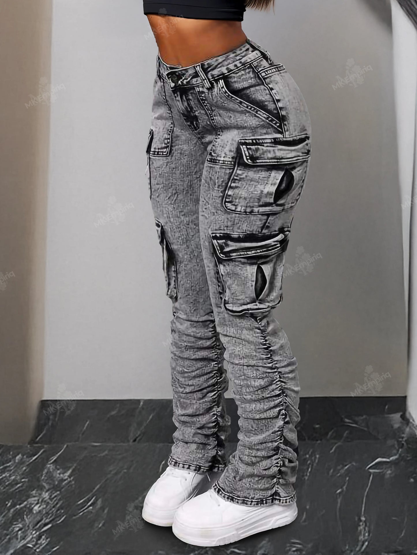 Grey Regular Women’s Cargo Skinny Jeans – High Waist Ruched Streetwear Denim with Pockets