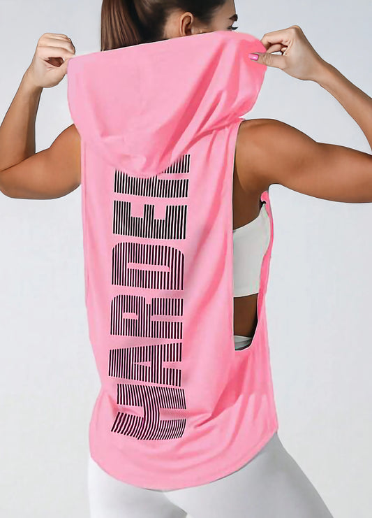 Pink Women’s Sleeveless Workout Hoodie Tank with Print